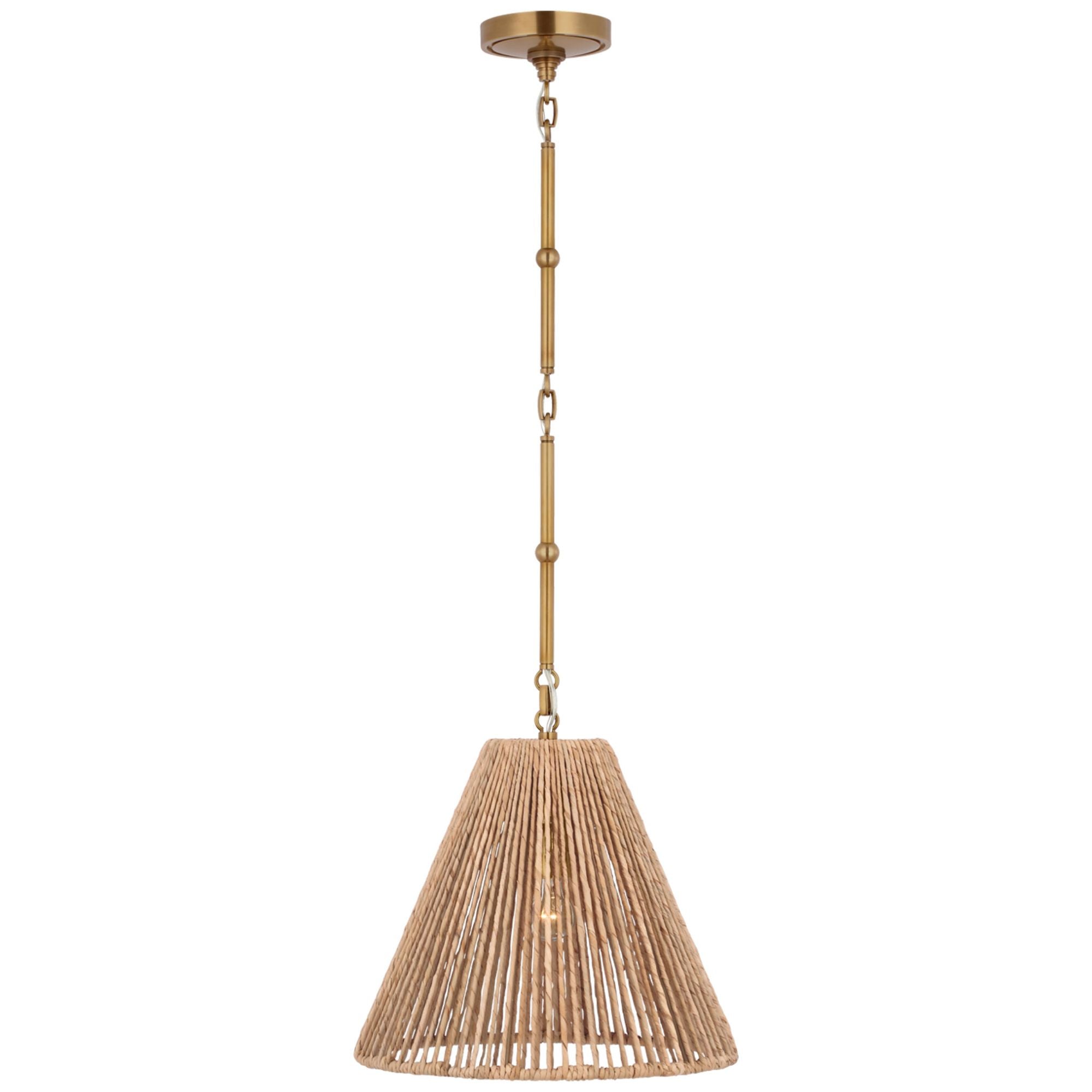 Thomas O'Brien Goodman Small Hanging Light in Hand-Rubbed Antique Brass with Natural Abaca Shade Ceiling Light W15"