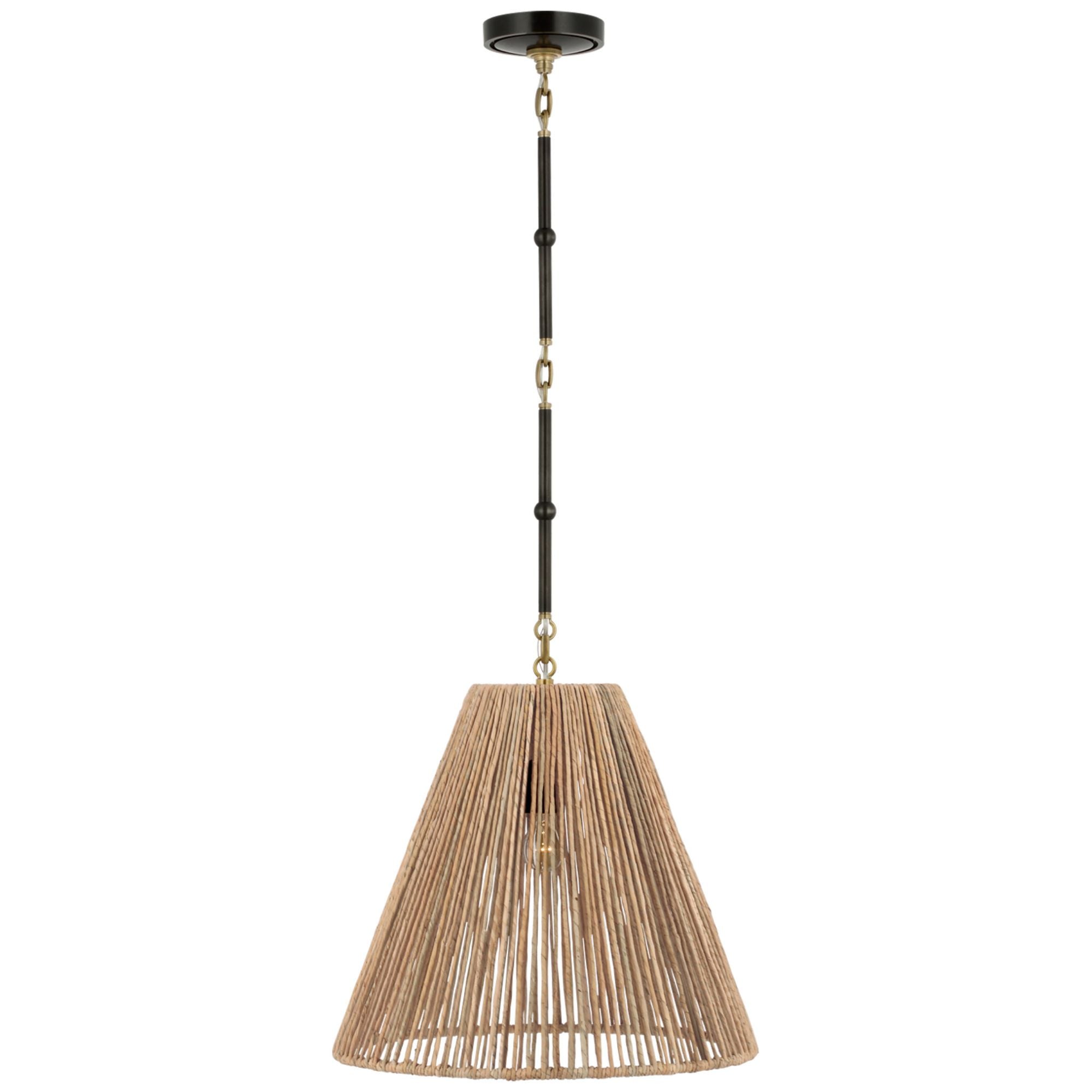 Thomas O'Brien Goodman Medium Hanging Light in Bronze and Hand-Rubbed Antique Brass with Natural Abaca Shade Ceiling Light W18"