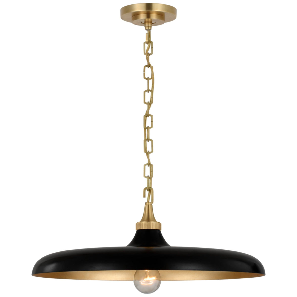 Thomas O'Brien Piatto Medium Pendant in Hand-Rubbed Antique Brass with Aged Iron Shade W18" x H6.75"