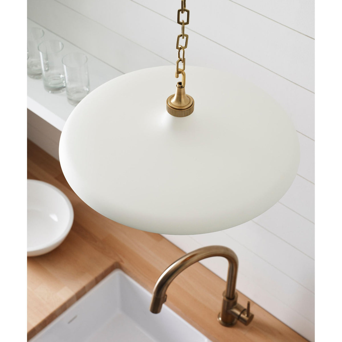 Thomas O'Brien Piatto Medium Pendant in Hand-Rubbed Antique Brass with Plaster White Shade W18" x H6.75"