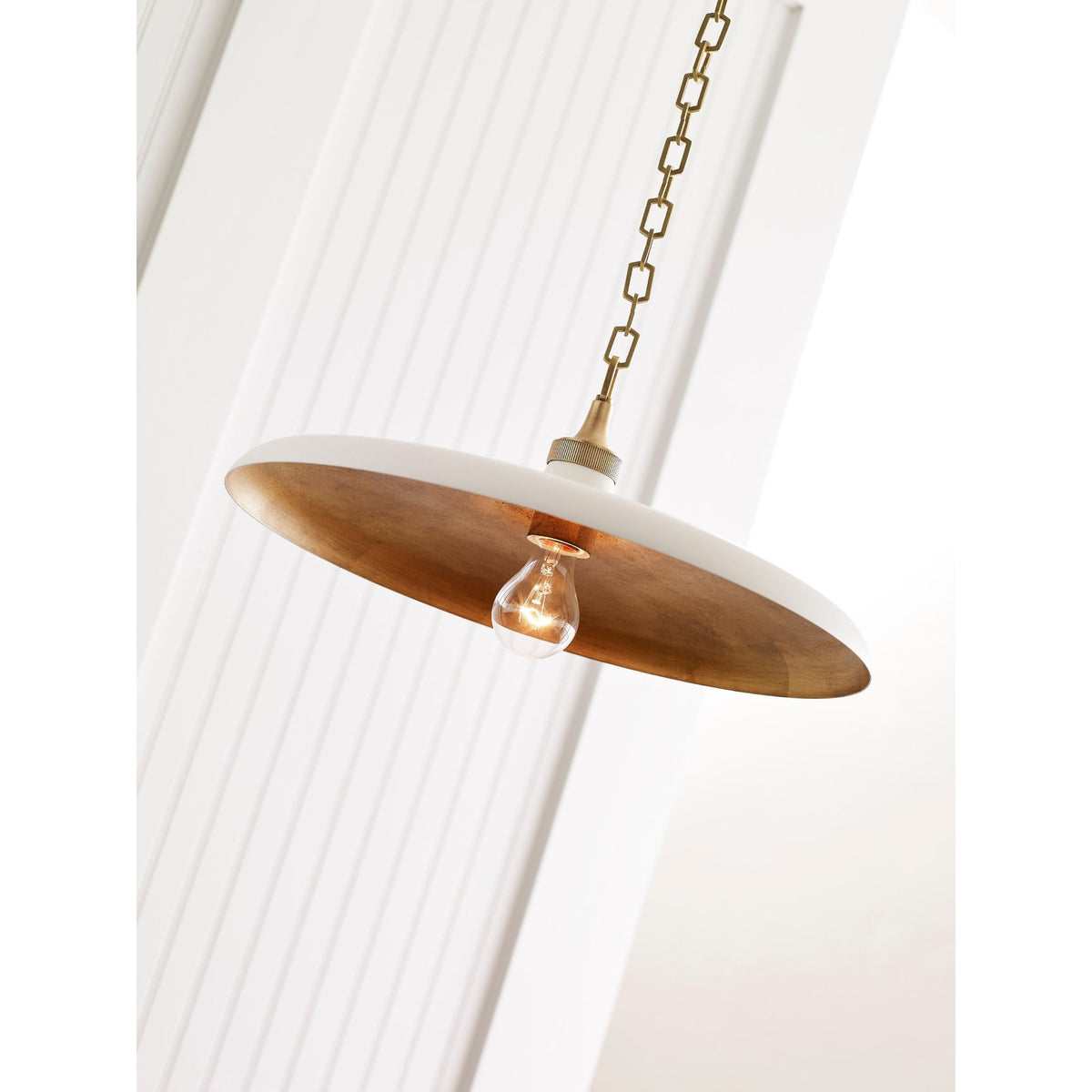 Thomas O'Brien Piatto Medium Pendant in Hand-Rubbed Antique Brass with Plaster White Shade W18" x H6.75"
