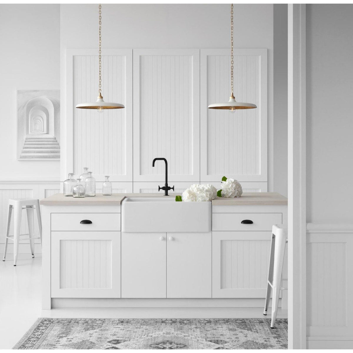 Thomas O'Brien Piatto Medium Pendant in Hand-Rubbed Antique Brass with Plaster White Shade W18" x H6.75"
