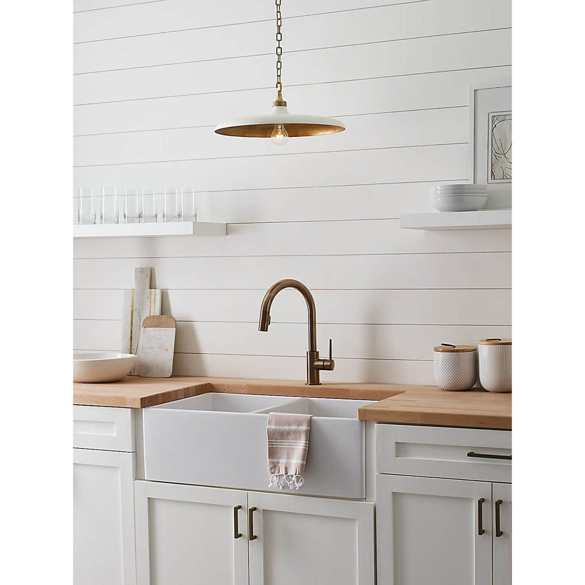 Thomas O'Brien Piatto Medium Pendant in Hand-Rubbed Antique Brass with Plaster White Shade W18" x H6.75"
