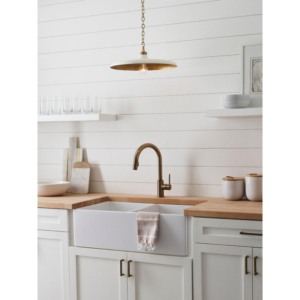 Thomas O'Brien Piatto Medium Pendant in Hand-Rubbed Antique Brass with Plaster White Shade W18" x H6.75"