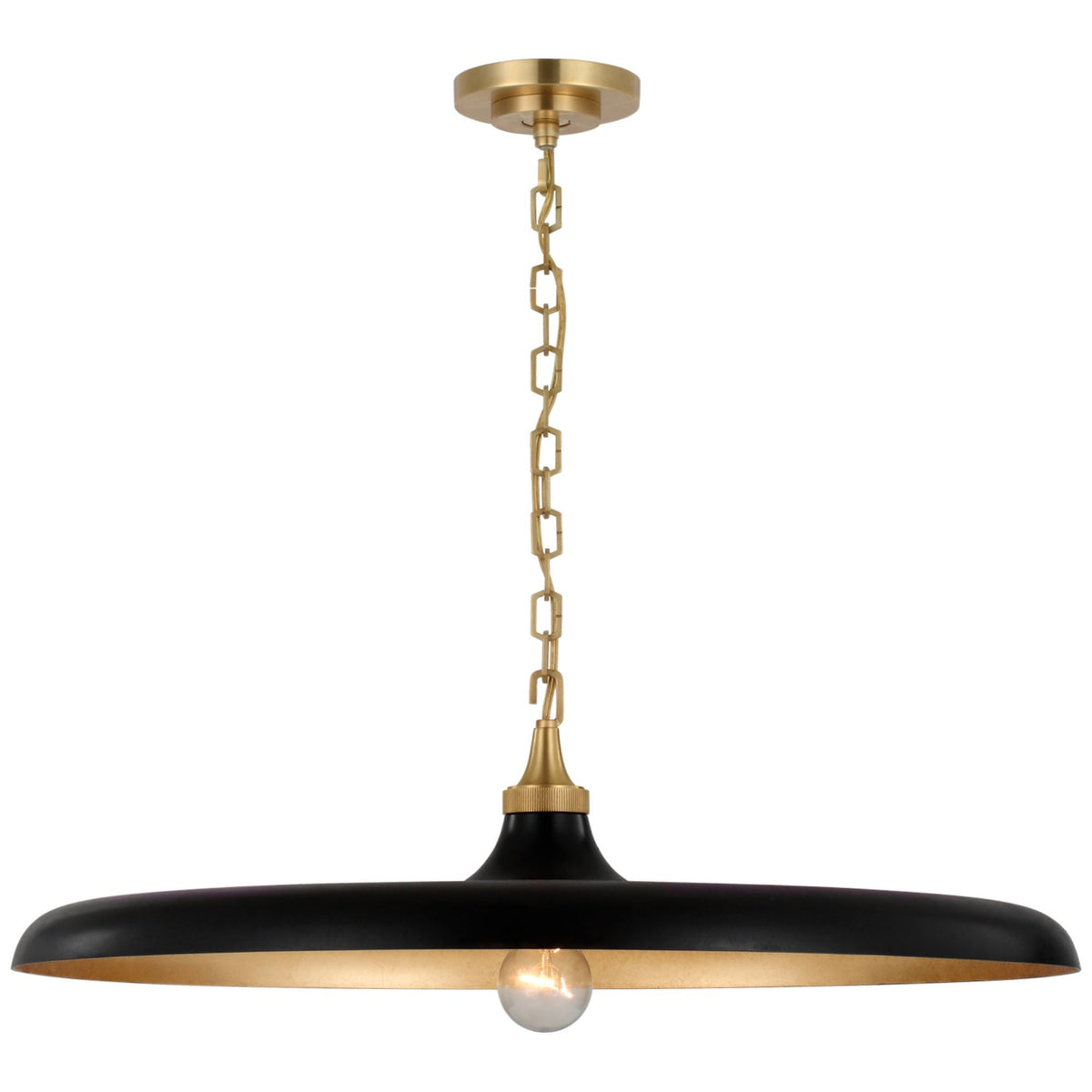 Thomas O'Brien Piatto Large Pendant in Hand-Rubbed Antique Brass with Aged Iron Shade W24" x H6.75"