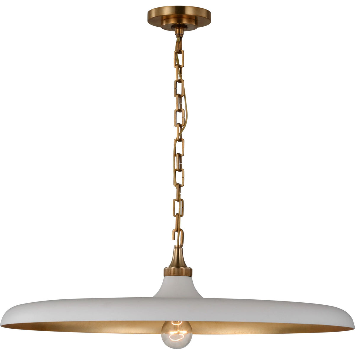 Thomas O'Brien Piatto Large Pendant in Hand-Rubbed Antique Brass with Plaster White Shade W24" x H6.75"