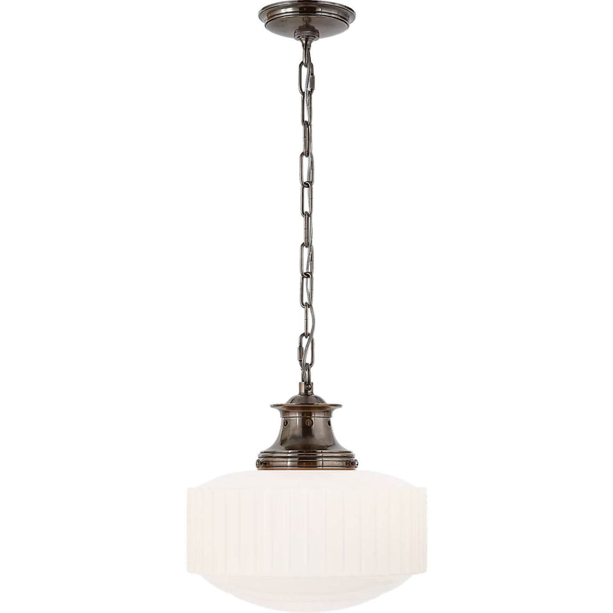 Thomas O'Brien Milton Road Pendant in Antique Nickel with White Glass W14" x H14.75"