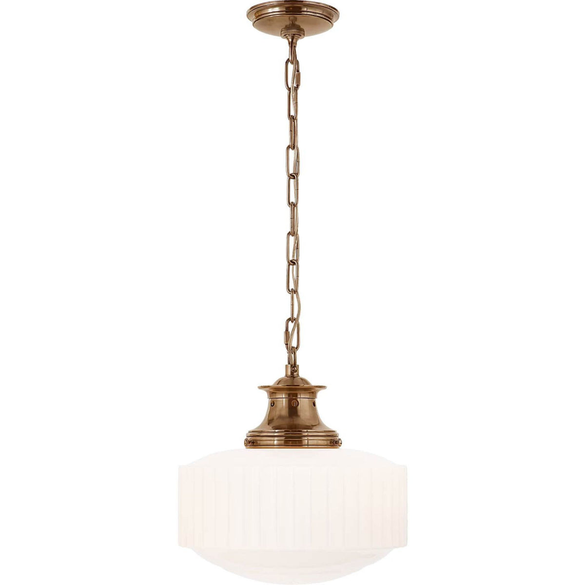 Thomas O'Brien Milton Road Pendant in Hand-Rubbed Antique Brass with White Glass W14" x H14.75"