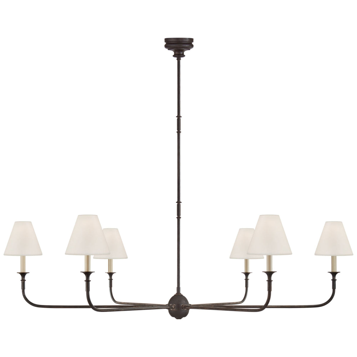 Thomas O'Brien Piaf Grande Chandelier in Aged Iron and Ebonized Oak with Linen Shades W58"