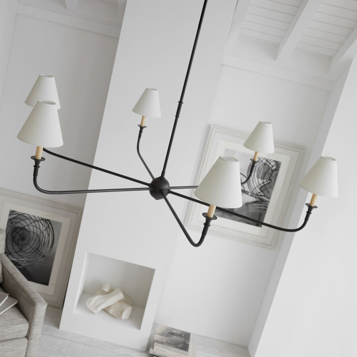 Thomas O'Brien Piaf Grande Chandelier in Aged Iron and Ebonized Oak with Linen Shades W58"