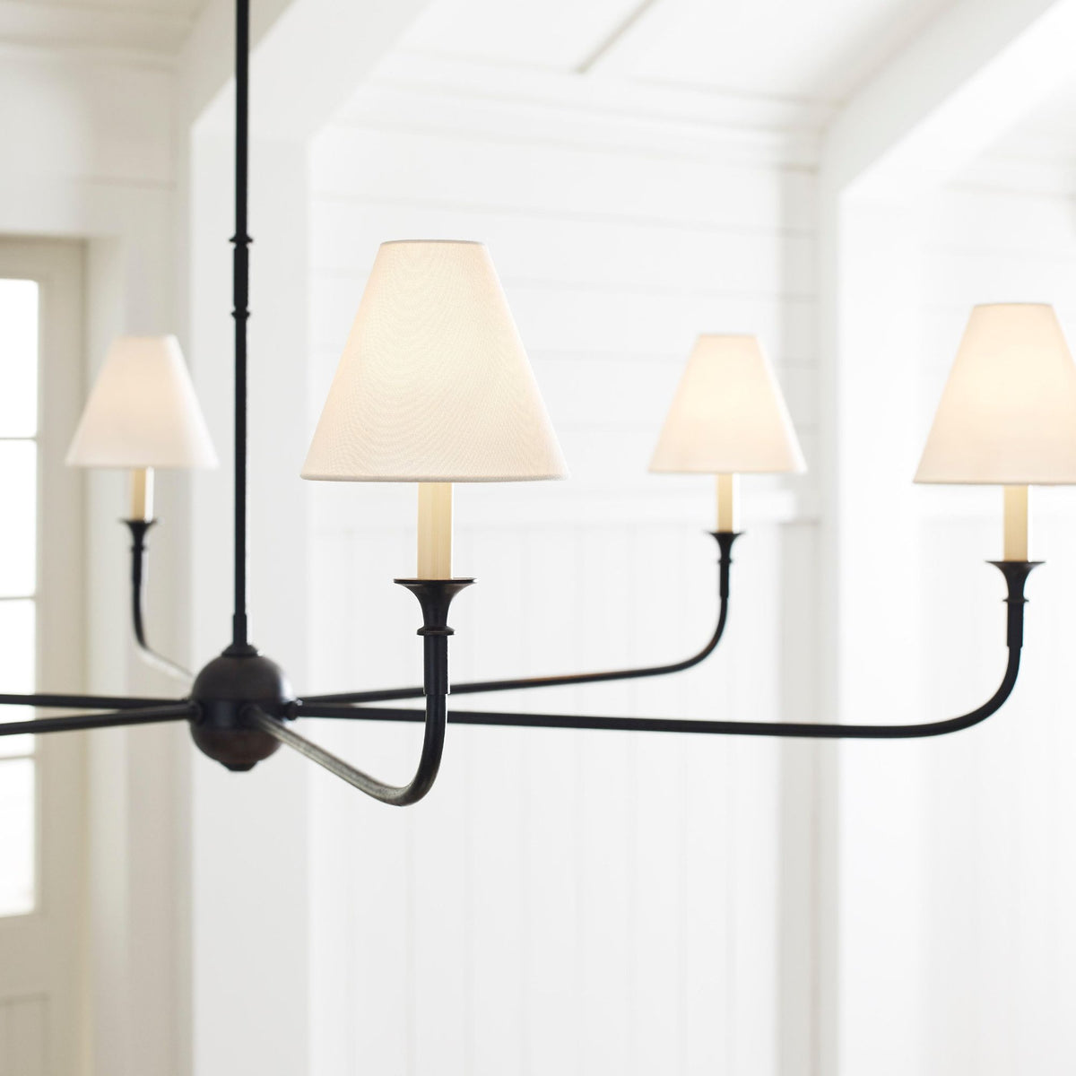 Thomas O'Brien Piaf Grande Chandelier in Aged Iron and Ebonized Oak with Linen Shades W58"