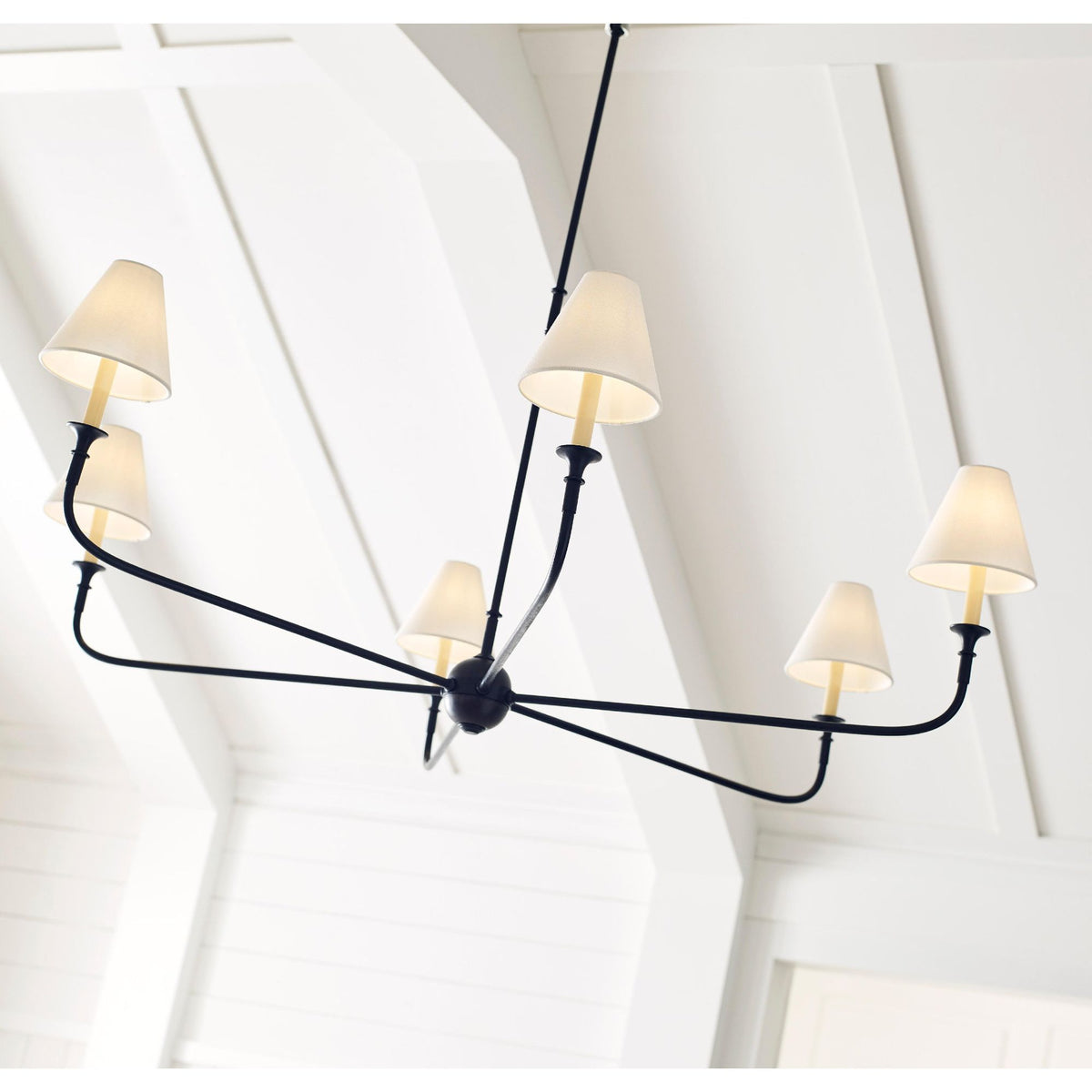 Thomas O'Brien Piaf Grande Chandelier in Aged Iron and Ebonized Oak with Linen Shades W58"