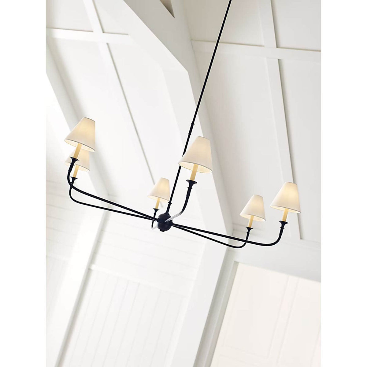 Thomas O'Brien Piaf Grande Chandelier in Aged Iron and Ebonized Oak with Linen Shades W58"