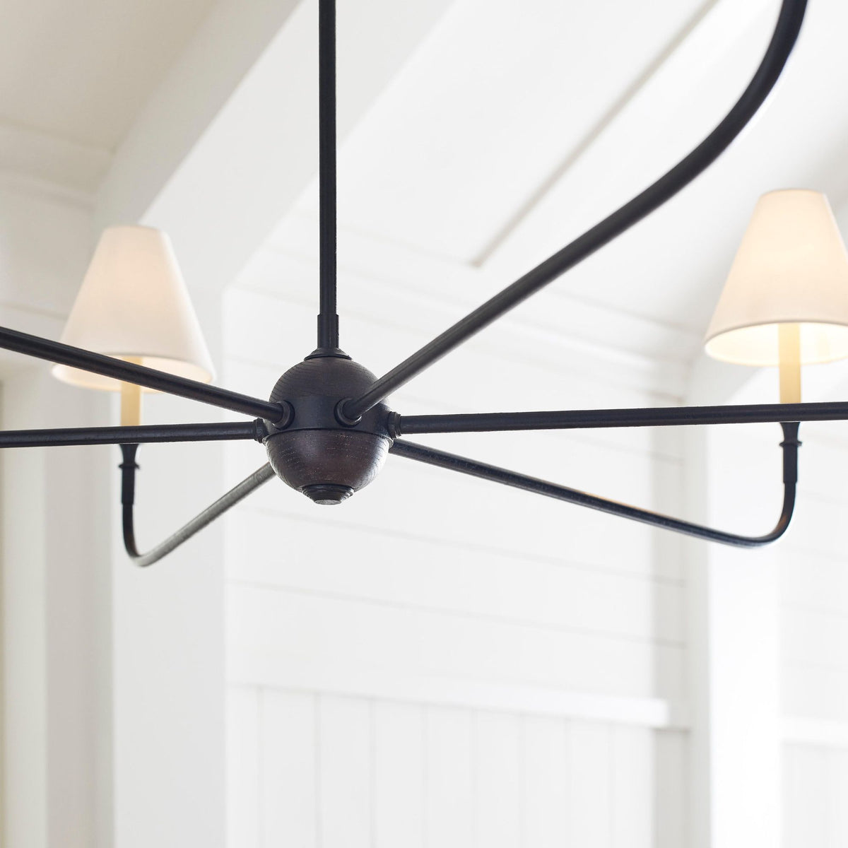 Thomas O'Brien Piaf Grande Chandelier in Aged Iron and Ebonized Oak with Linen Shades W58"