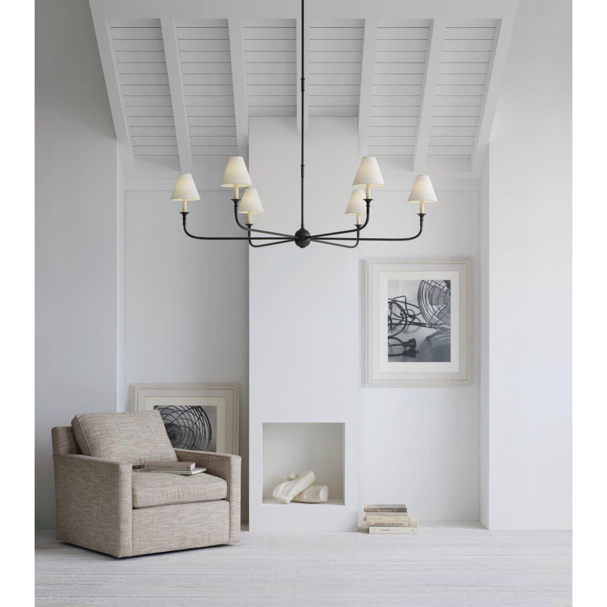 Thomas O'Brien Piaf Grande Chandelier in Aged Iron and Ebonized Oak with Linen Shades W58"