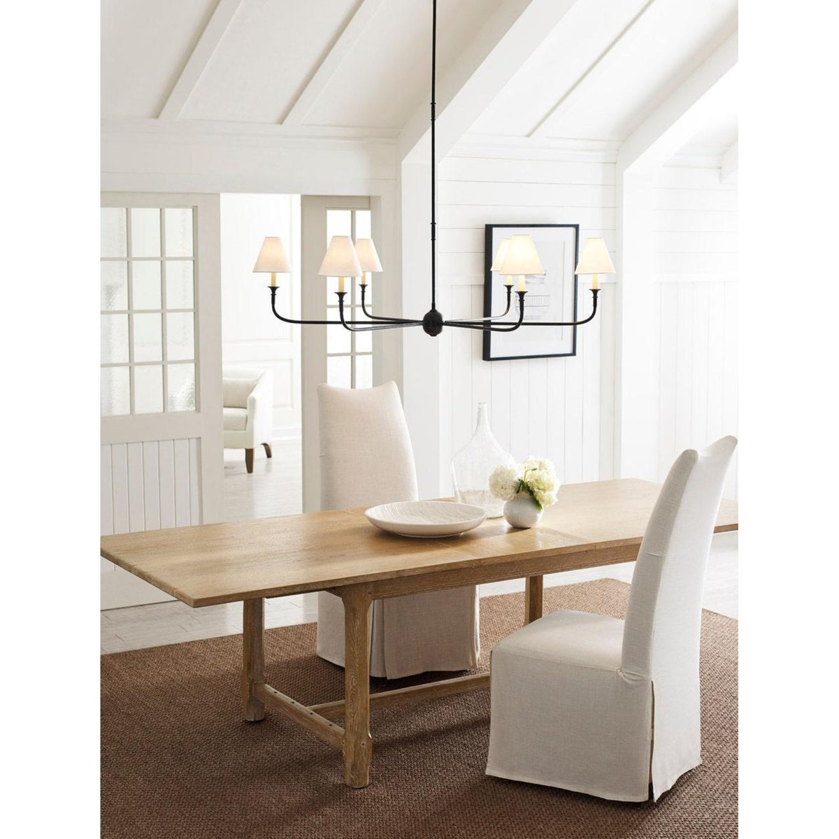 Thomas O'Brien Piaf Grande Chandelier in Aged Iron and Ebonized Oak with Linen Shades W58"