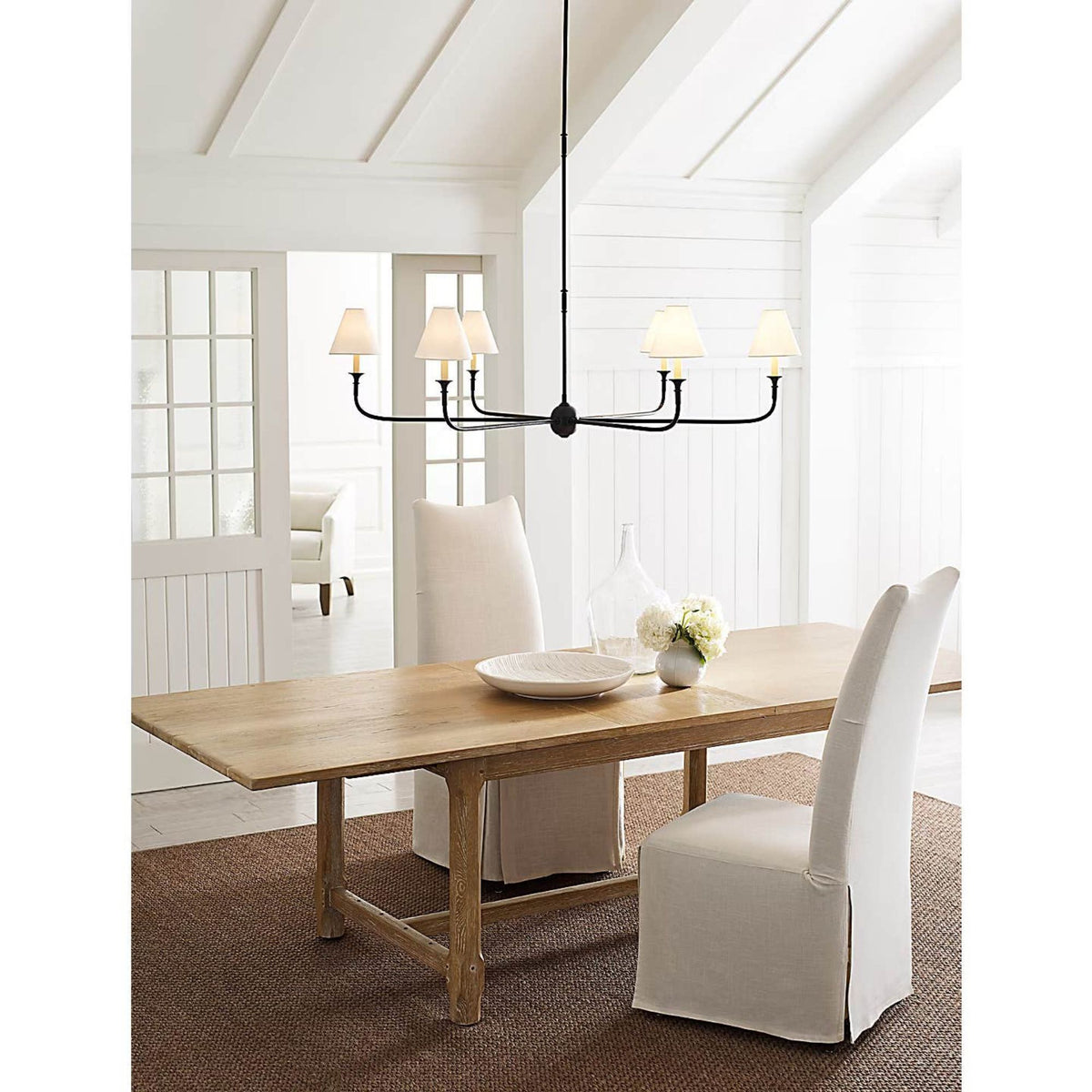 Thomas O'Brien Piaf Grande Chandelier in Aged Iron and Ebonized Oak with Linen Shades W58"