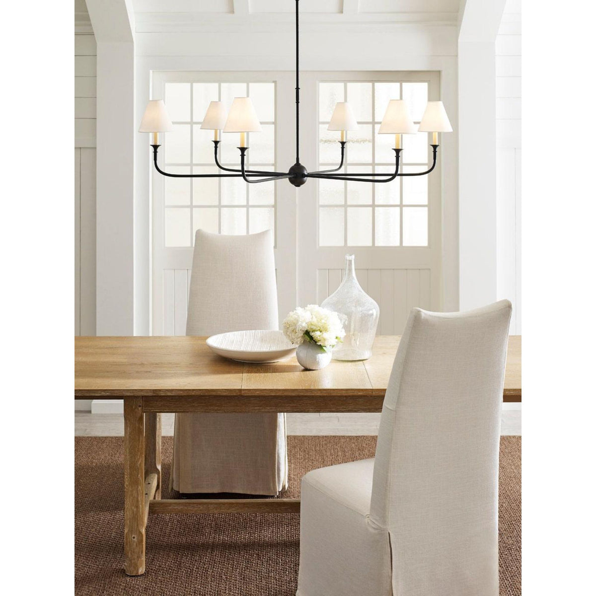 Thomas O'Brien Piaf Grande Chandelier in Aged Iron and Ebonized Oak with Linen Shades W58"