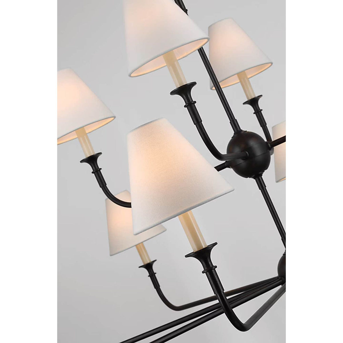Thomas O'Brien Piaf Grande Two-Tier Chandelier in Aged Iron and Ebonized Oak with Linen Shades W58"