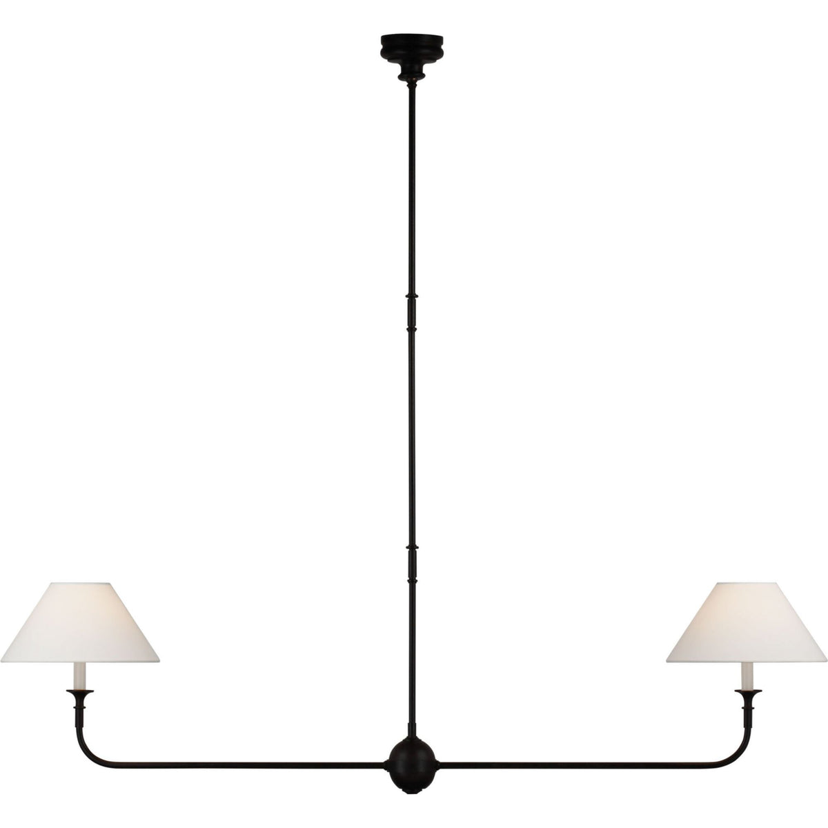 Thomas O'Brien Piaf Large Two Light Linear Pendant in Aged Iron and Ebonized Oak with Linen Shades W12" x 62"