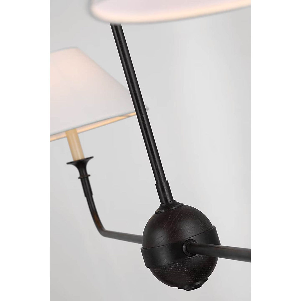 Thomas O'Brien Piaf Large Two Light Linear Pendant in Aged Iron and Ebonized Oak with Linen Shades W12" x 62"