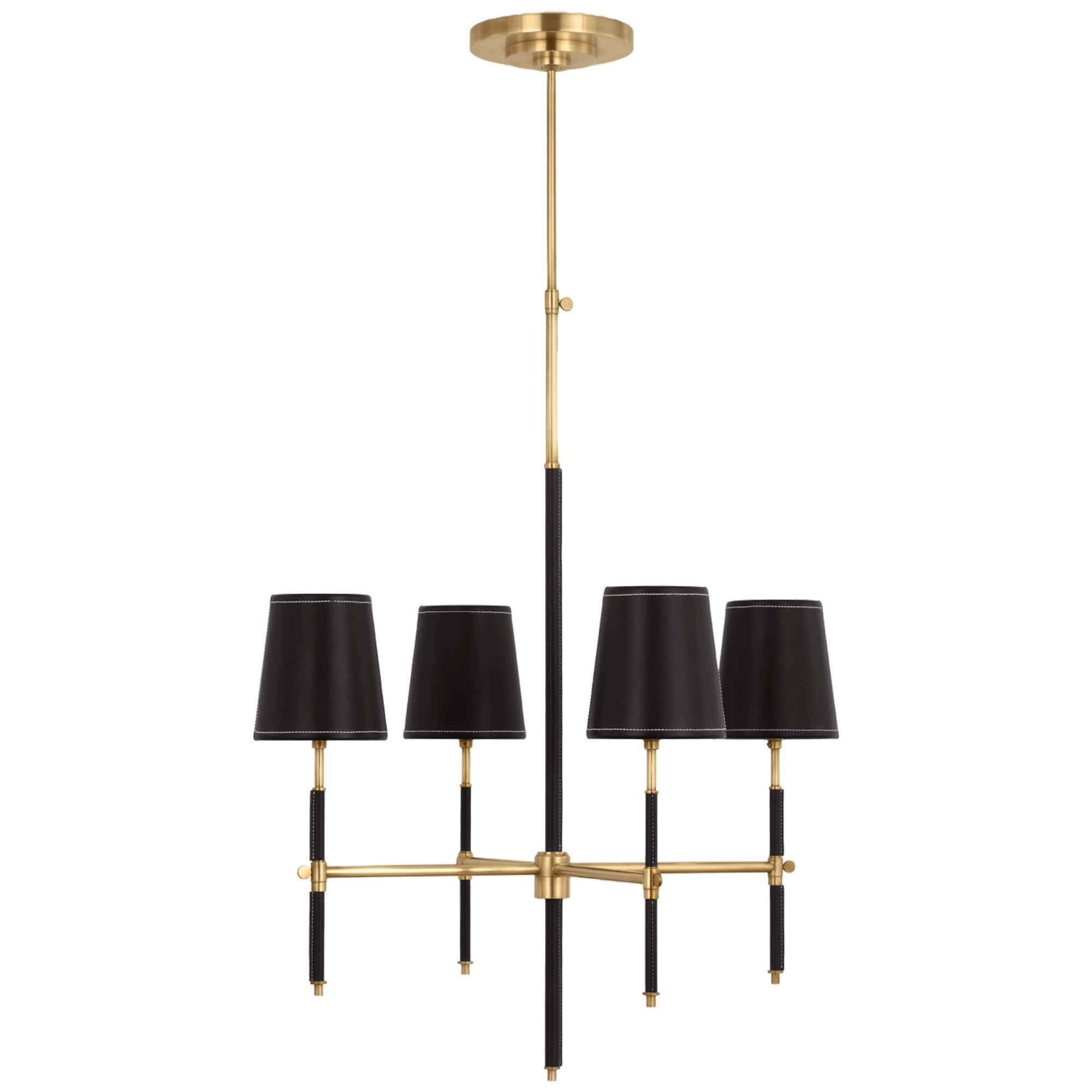 Thomas O'Brien Bryant Small Wrapped Chandelier in Hand-Rubbed Antique Brass and Chocolate Leather with Chocolate Leather Shade Ceiling Light W26"