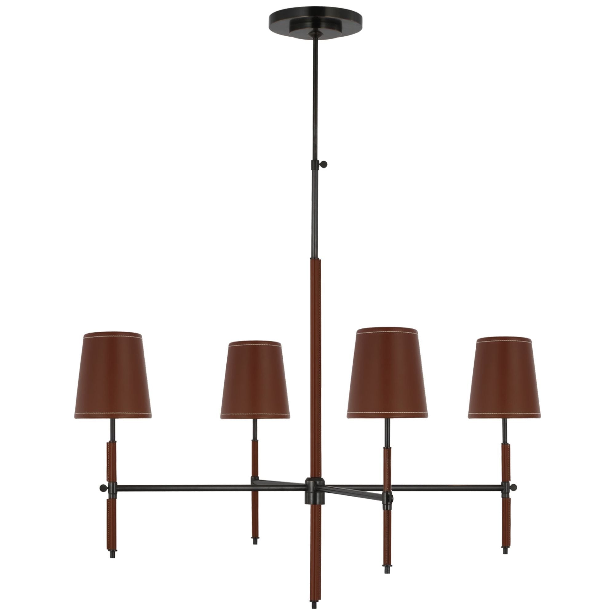 Thomas O'Brien Bryant Large Wrapped Chandelier in Bronze and Saddle Leather with Saddle Leather Shade Ceiling Light W36"