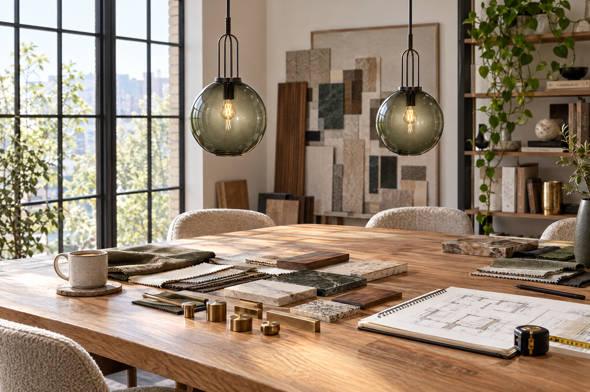 Interior designer's studio table with material samples under Marie Flanigan Meir pendants