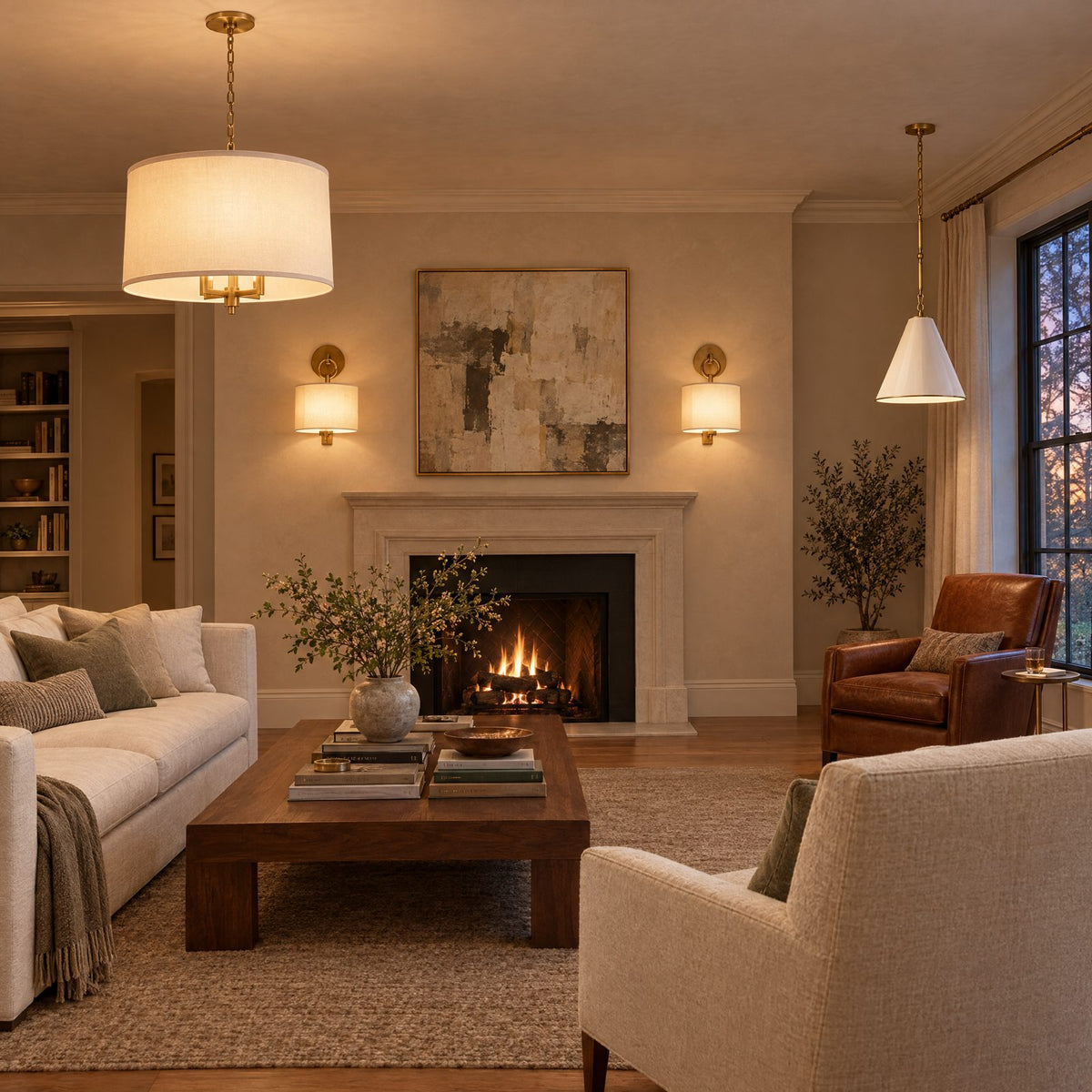 Shop the look: Transitional living room with a Barbara Barry Westport brass linen hanging shade over the coffee table, a Thomas O'Brien Goodman pendant over a reading chair, and French Cuff sconces flanking the fireplace