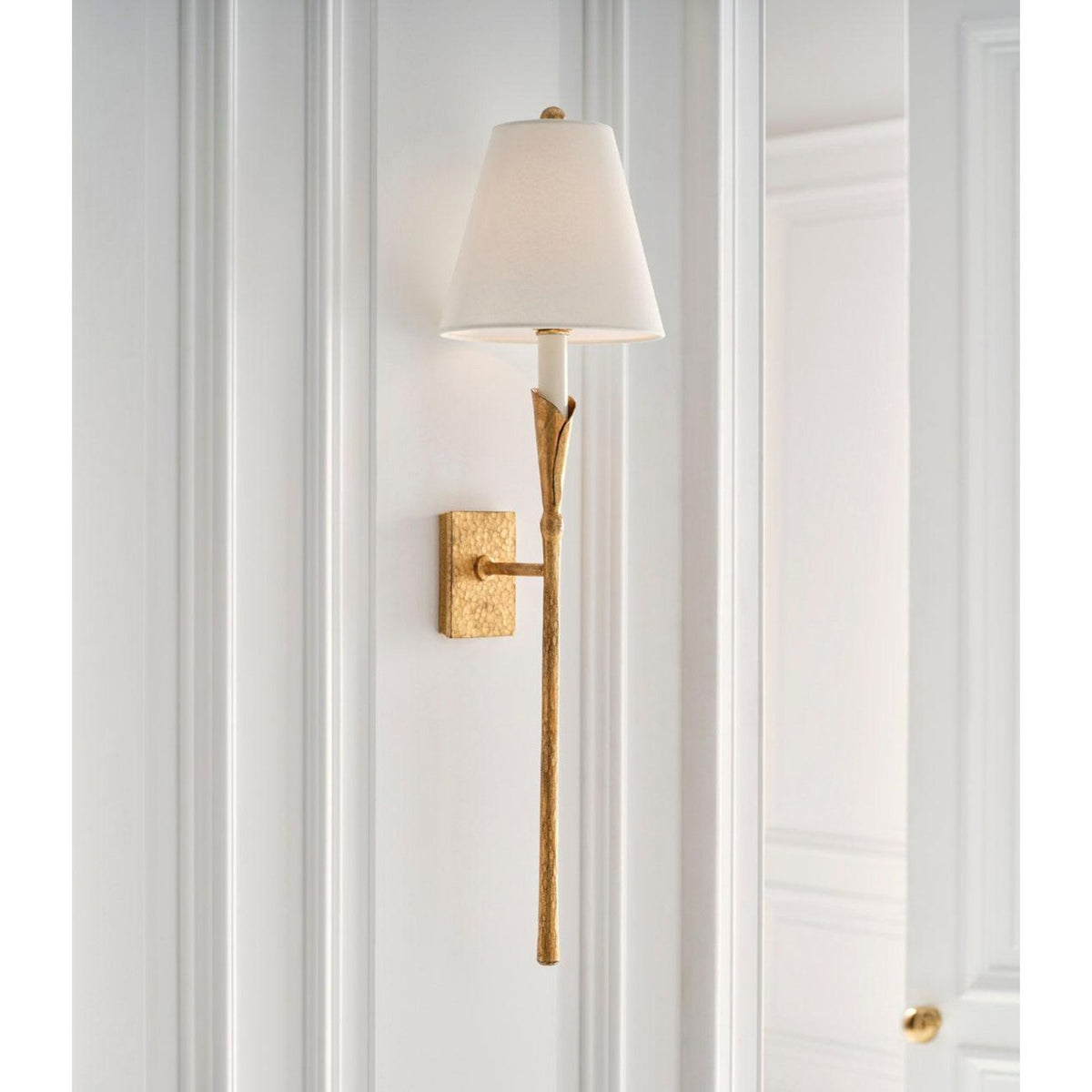 Chapman & Myers Aiden Large Tail Sconce in Gilded Iron with Linen Shade W8.5" x H32" x E8.75"