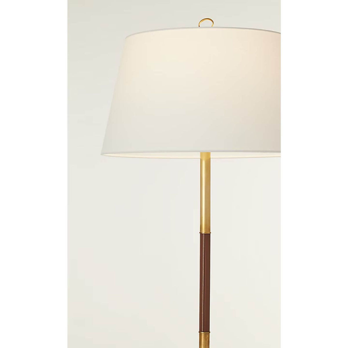 Amber Lewis Griffin Large Floor Lamp in Hand-Rubbed Antique Brass and Saddle Leather with Linen Shade W19.5" x H62.5"