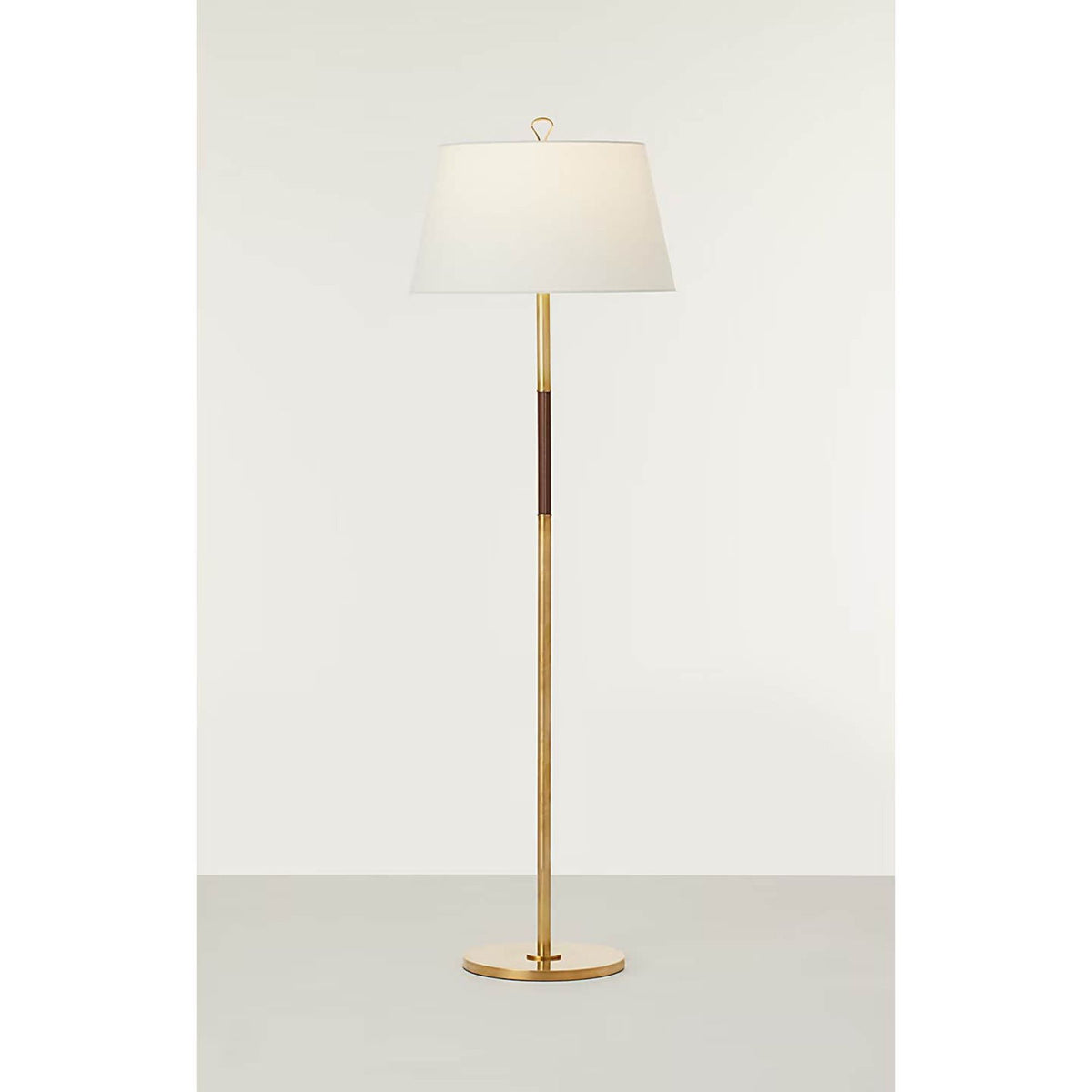 Amber Lewis Griffin Large Floor Lamp in Hand-Rubbed Antique Brass and Saddle Leather with Linen Shade W19.5" x H62.5"