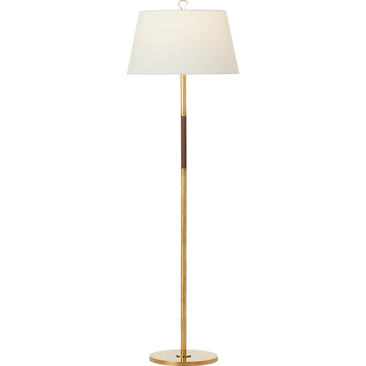 Amber Lewis Griffin Large Floor Lamp in Hand-Rubbed Antique Brass and Saddle Leather with Linen Shade W19.5" x H62.5"