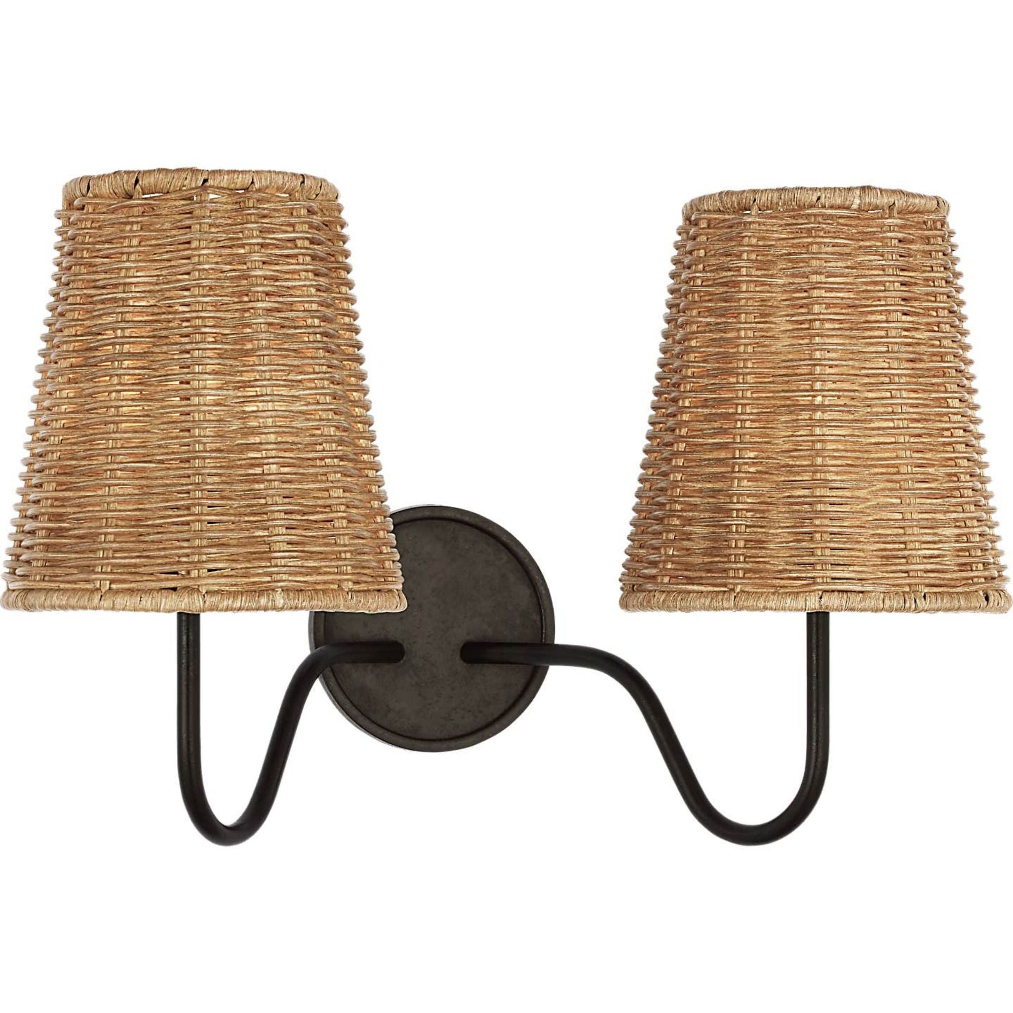 Amber Lewis Lyndsie 11" Double Sconce in Aged Iron with Natural Wicker Shades W16" x H10.75" x E9.5"