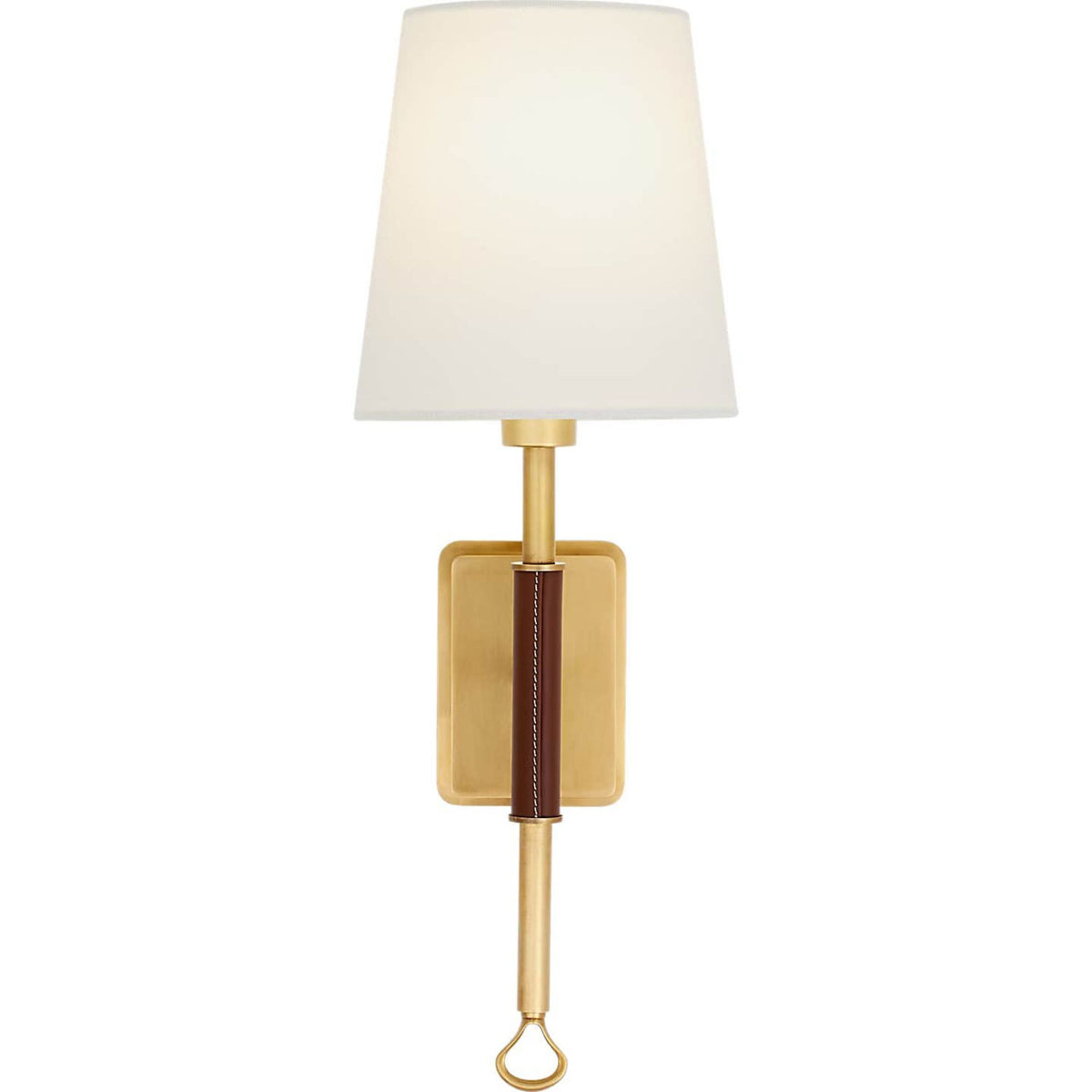 Amber Lewis Griffin Sconce in Hand-Rubbed Antique Brass and Saddle Leather with Linen Shade W5.75" x H15.75" x E7.25"