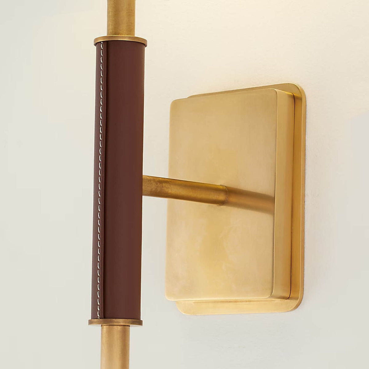 Amber Lewis Griffin Tail Sconce in Hand-Rubbed Antique Brass and Saddle Leather with Linen Shade W6.5" x H21" x E6.5"