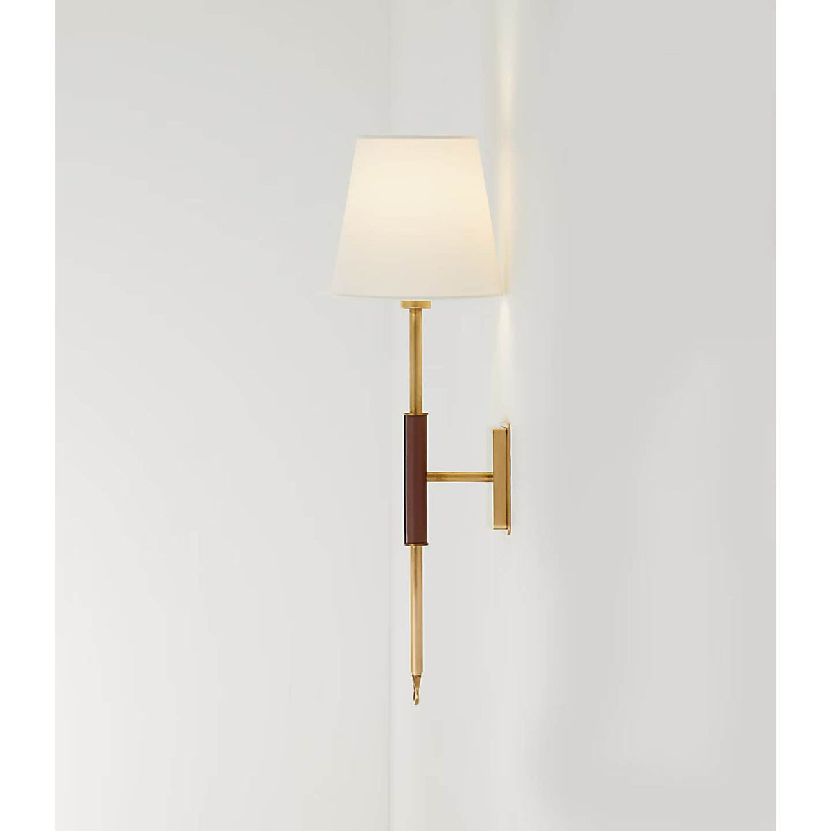 Amber Lewis Griffin Tail Sconce in Hand-Rubbed Antique Brass and Saddle Leather with Linen Shade W6.5" x H21" x E6.5"