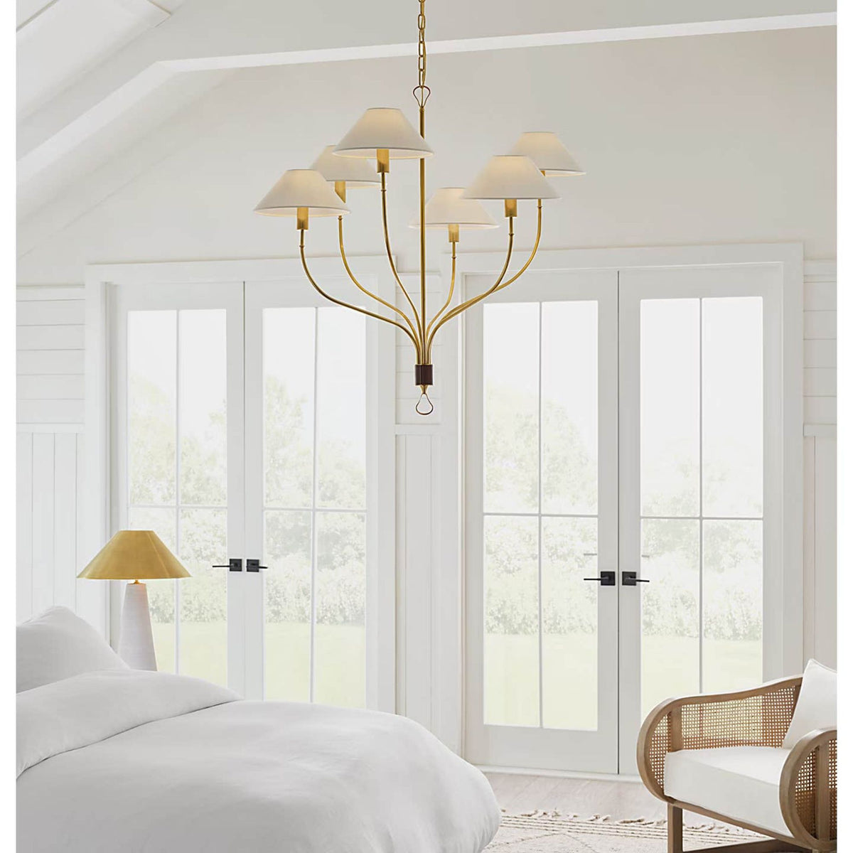 Amber Lewis Griffin Large Staggered Tail Chandelier in Hand-Rubbed Antique Brass and Saddle Leather with Linen Shades W36.5" x H35.5"