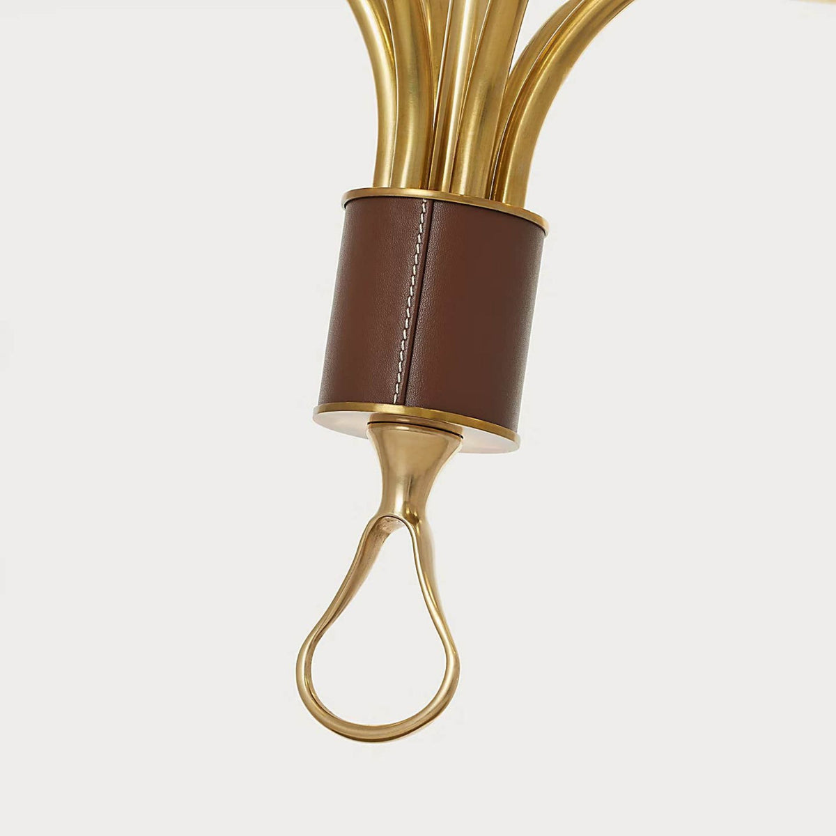 Amber Lewis Griffin Large Staggered Tail Chandelier in Hand-Rubbed Antique Brass and Saddle Leather with Linen Shades W36.5" x H35.5"