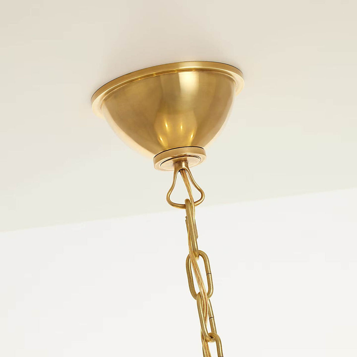 Amber Lewis Griffin Large Staggered Tail Chandelier in Hand-Rubbed Antique Brass and Saddle Leather with Linen Shades W36.5" x H35.5"