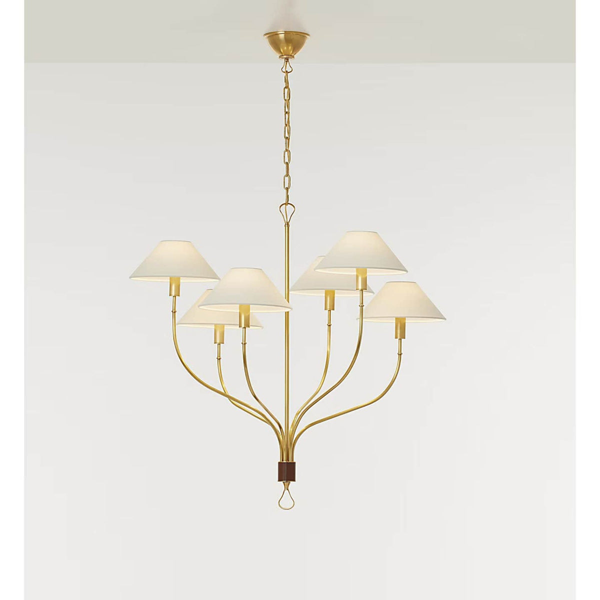 Amber Lewis Griffin Large Staggered Tail Chandelier in Hand-Rubbed Antique Brass and Saddle Leather with Linen Shades W36.5" x H35.5"