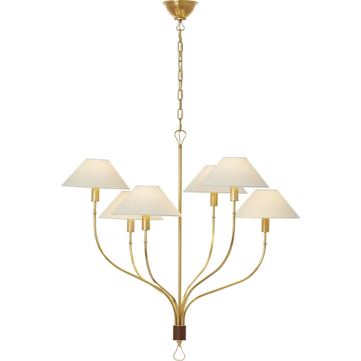 Amber Lewis Griffin Large Staggered Tail Chandelier in Hand-Rubbed Antique Brass and Saddle Leather with Linen Shades W36.5" x H35.5"
