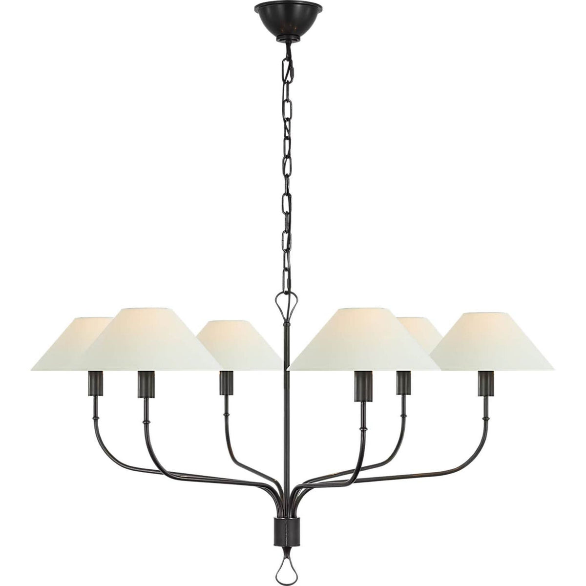 Amber Lewis Griffin Grande Tail Chandelier in Bronze and Chocolate Leather with Linen Shades W56" x H26.5"