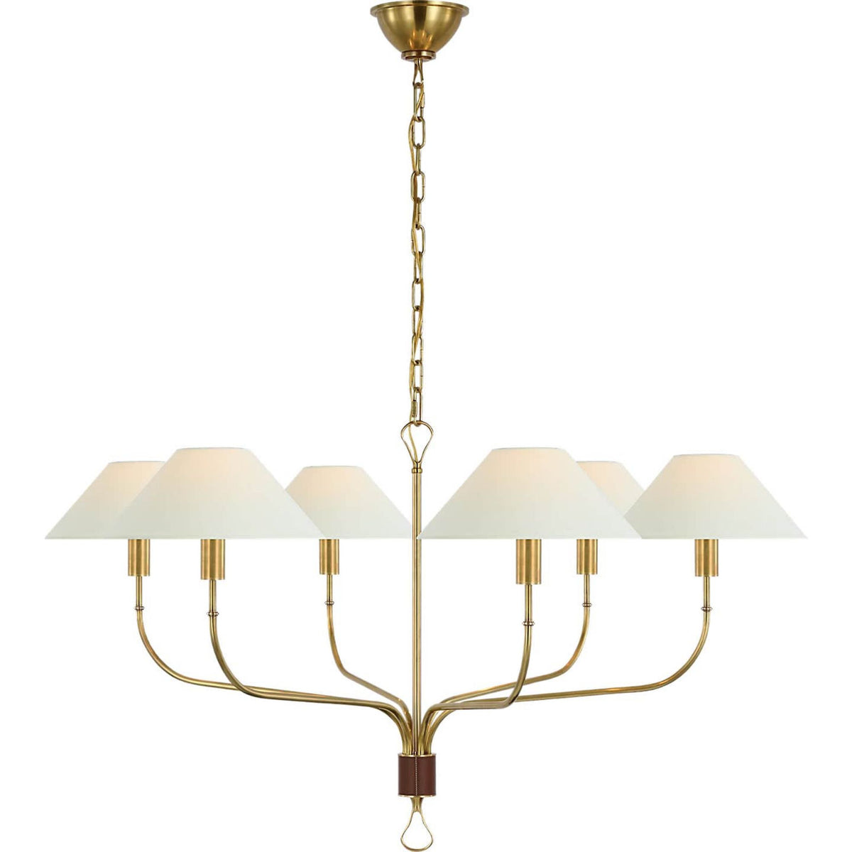 Amber Lewis Griffin Grande Tail Chandelier in Hand-Rubbed Antique Brass and Saddle Leather with Linen Shades W56" x H26.5"