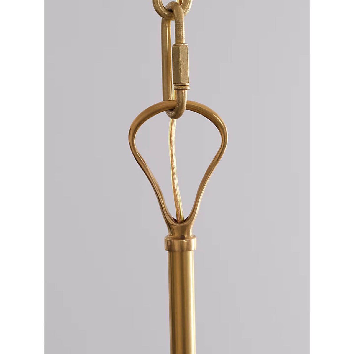 Amber Lewis Griffin Grande Tail Chandelier in Hand-Rubbed Antique Brass and Saddle Leather with Linen Shades W56" x H26.5"