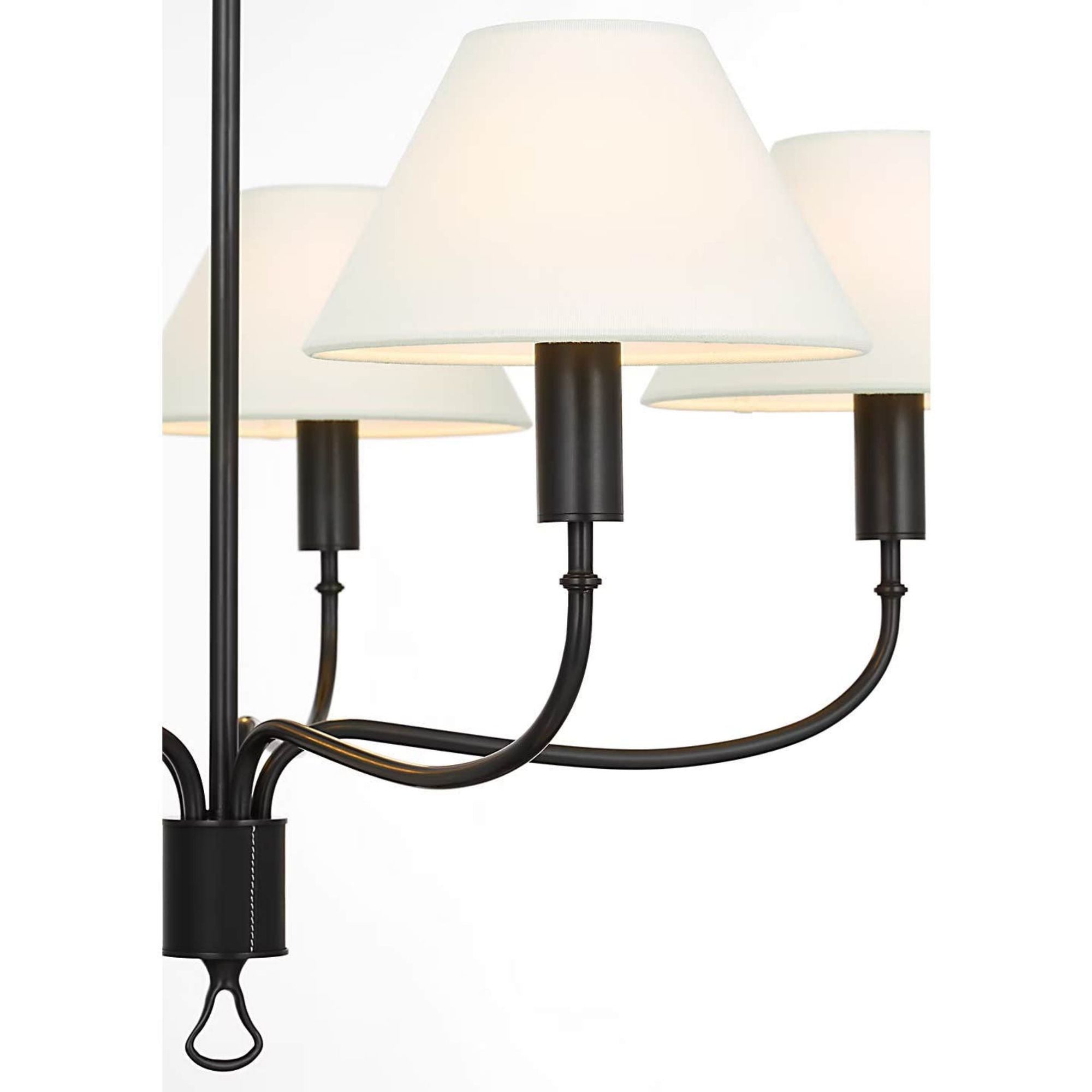 Amber Lewis Griffin 31" Chandelier in Bronze and Chocolate Leather with Linen Shades W31" x H23.5"