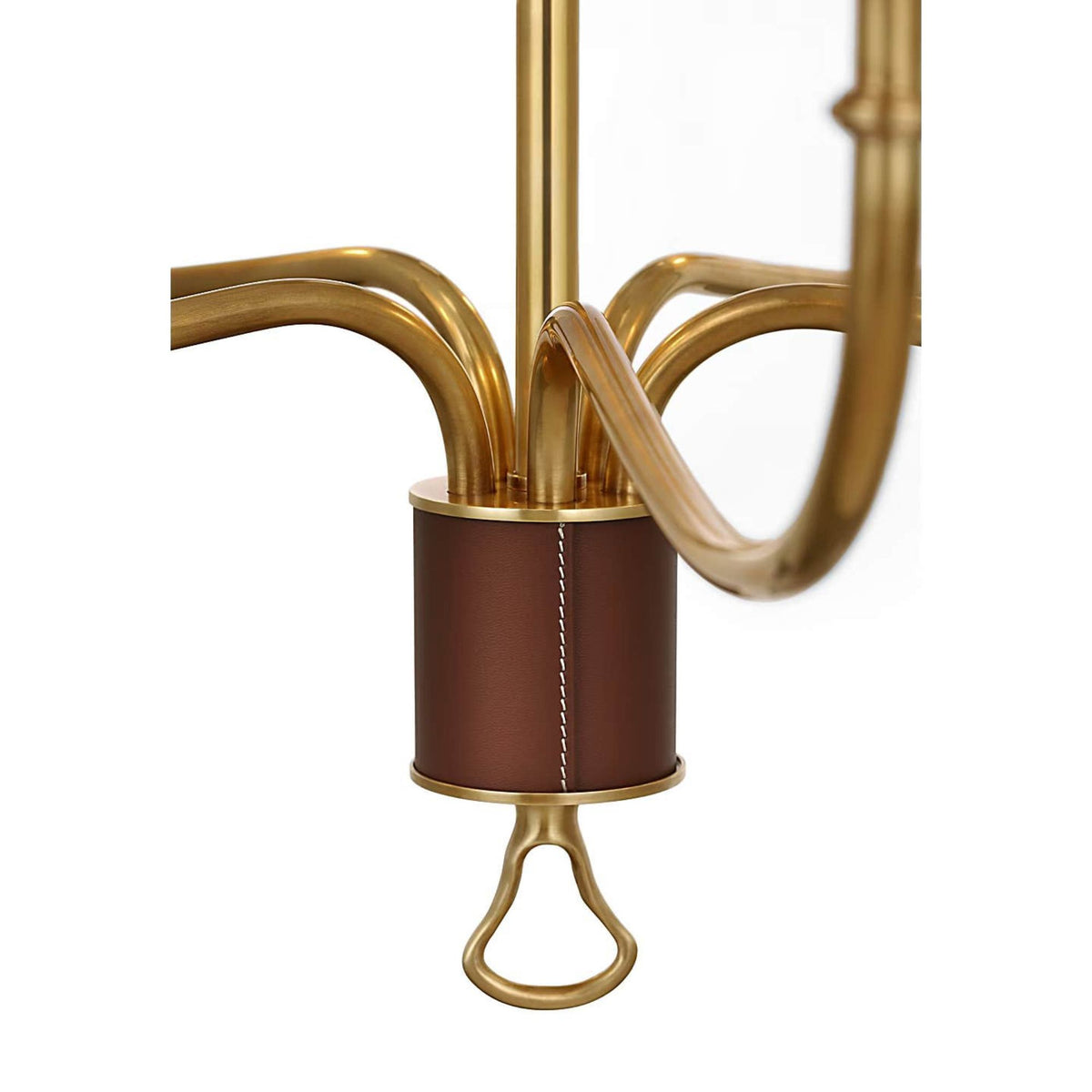 Amber Lewis Griffin 31" Chandelier in Hand-Rubbed Antique Brass and Saddle Leather with Linen Shades W31" x H23.5"