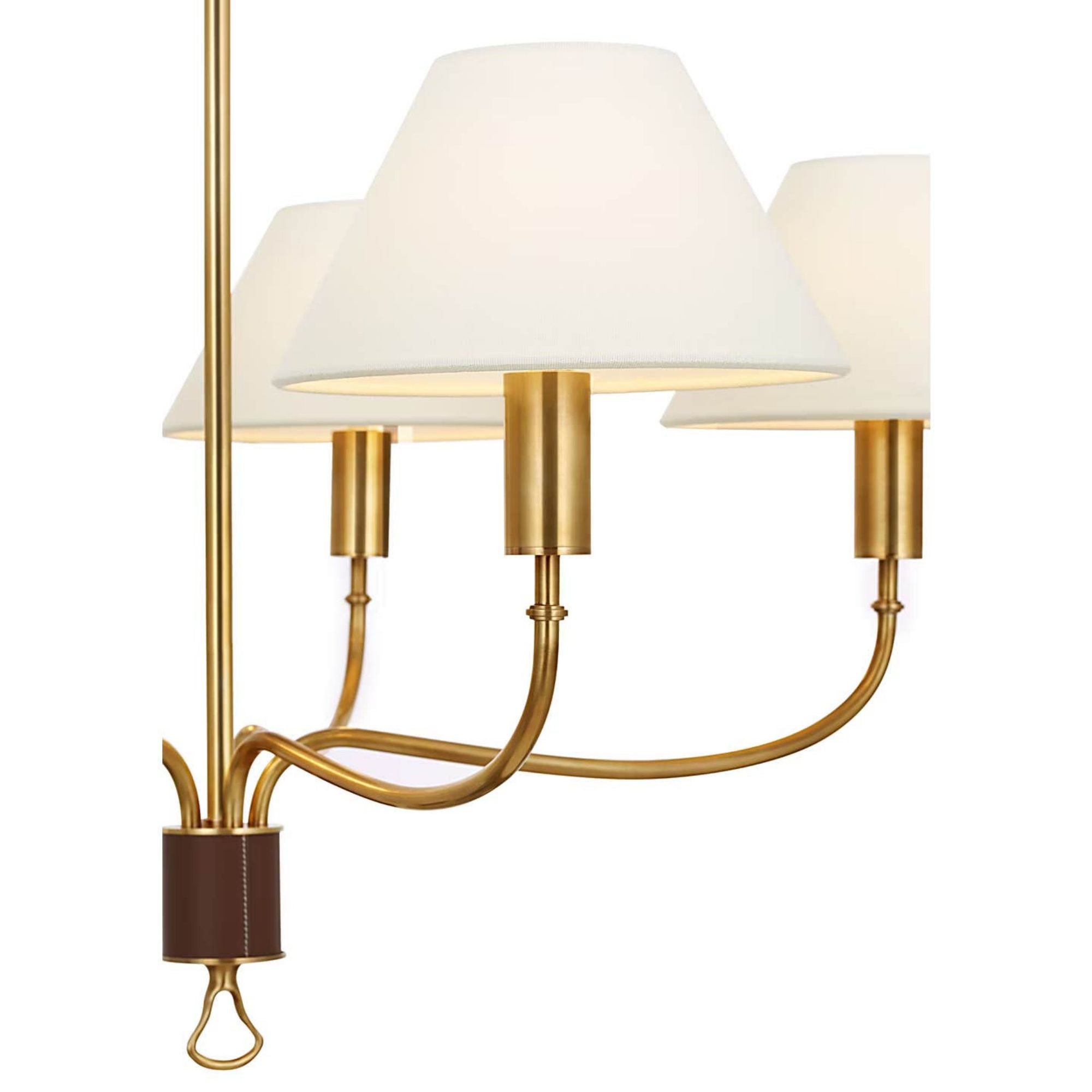 Amber Lewis Griffin 31" Chandelier in Hand-Rubbed Antique Brass and Saddle Leather with Linen Shades W31" x H23.5"