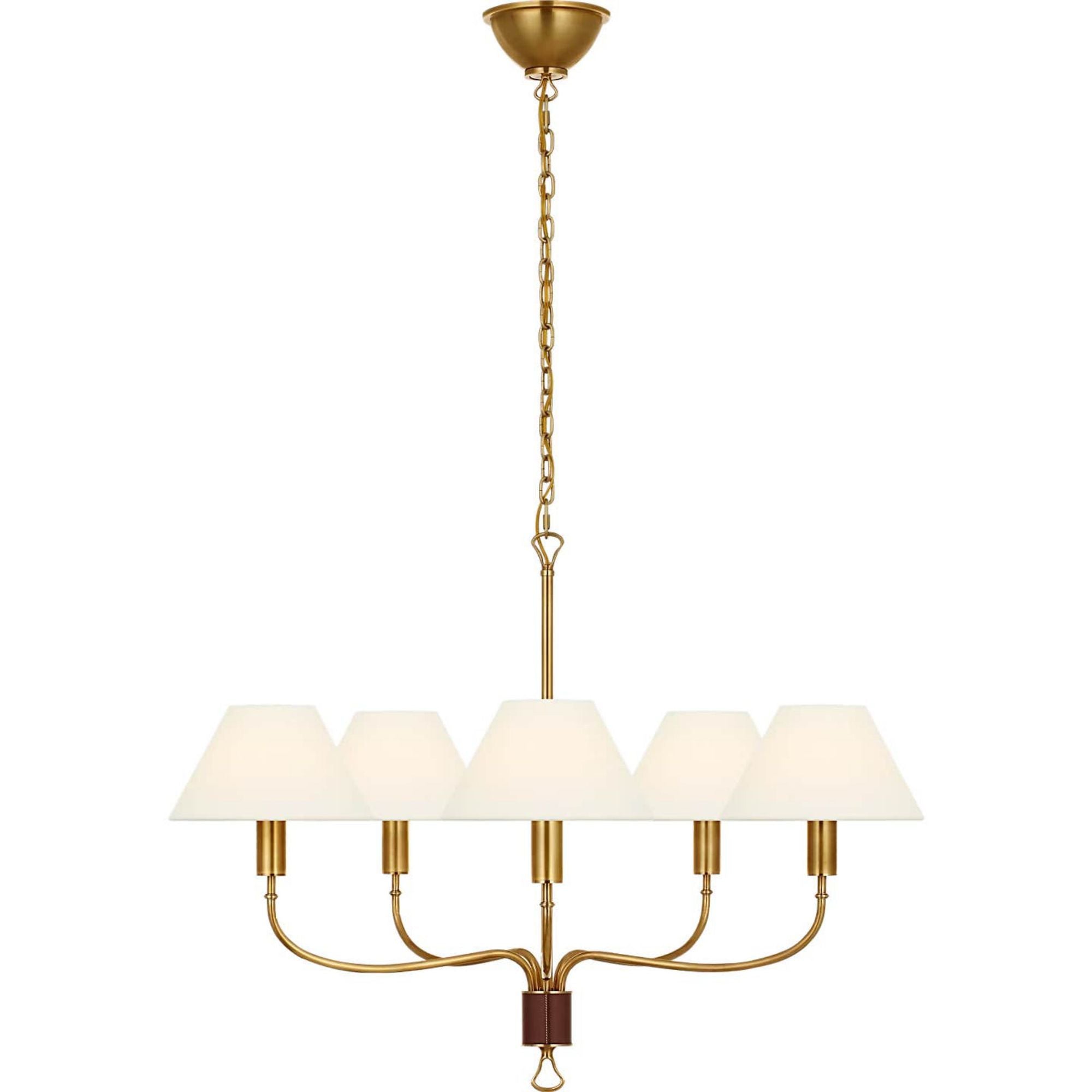Amber Lewis Griffin 31" Chandelier in Hand-Rubbed Antique Brass and Saddle Leather with Linen Shades W31" x H23.5"