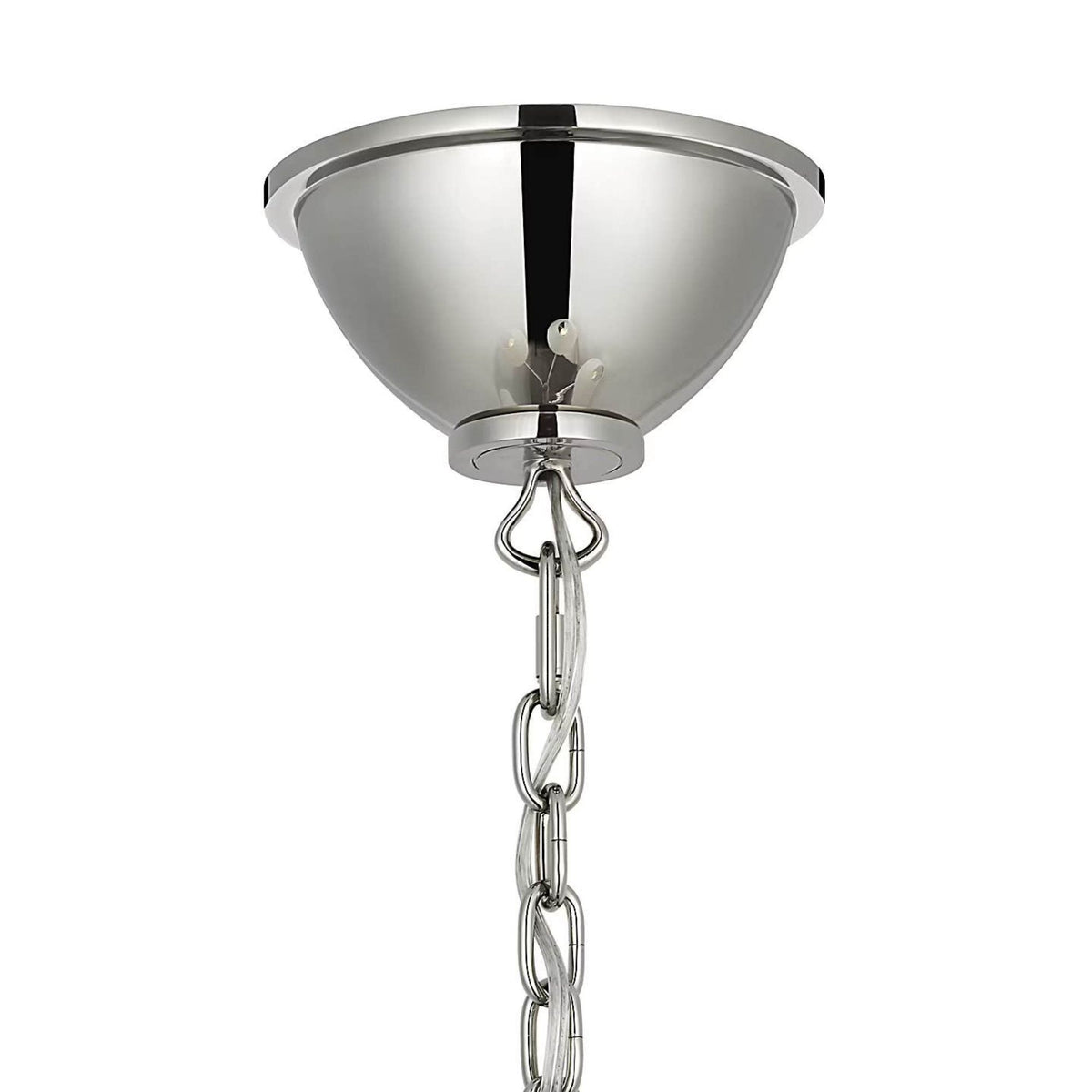 Amber Lewis Griffin 31" Chandelier in Polished Nickel and Parchment Leather with Linen Shades W31" x H23.5"